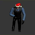 Man Wearing Santa Hat Blue Shirt And Black Vest Crouching On Gray Background