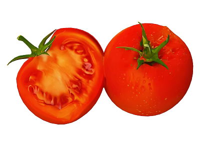 Fresh Red Tomatoes Whole and Sliced with Green Stem Displaying Juicy Flesh and Seeds Inside 3d model