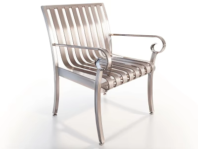 Modern Slatted Leisure Chair with Metal Frame and Curved Armrests in Minimalist Style 3d model