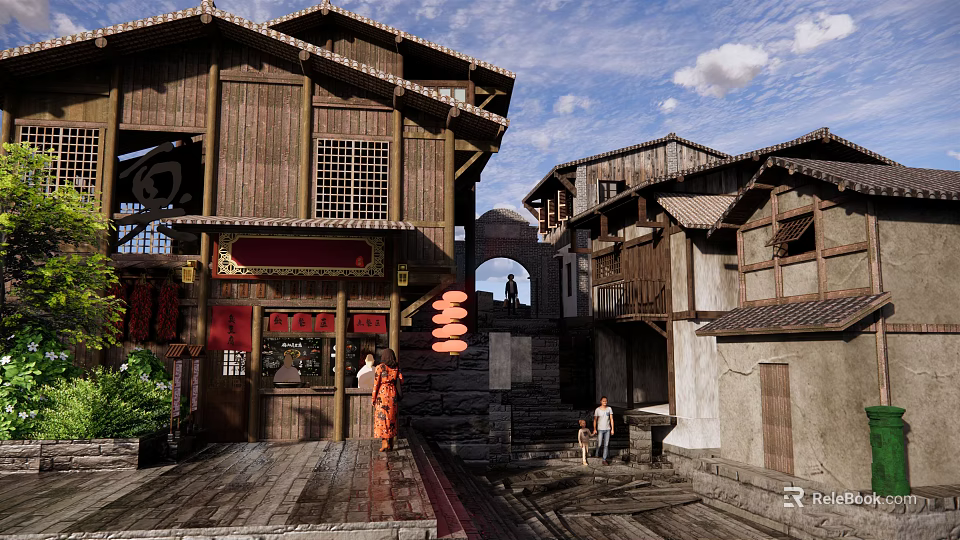 Traditional Chinese Commercial Street With Classic Wooden Buildings Red Lanterns People Walking Around 3d model 