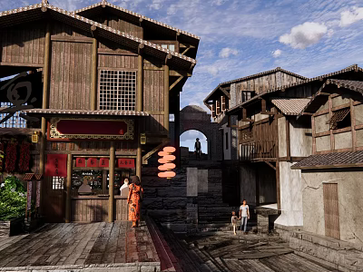Traditional Chinese Commercial Street With Classic Wooden Buildings Red Lanterns People Walking Around 3d model