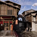 Traditional Chinese Commercial Street With Classic Wooden Buildings Red Lanterns People Walking Around