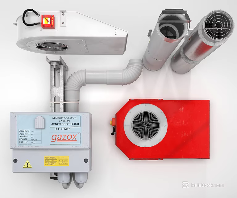 Air Conditioner Fan Components With Ducts Control Panel And Red Unit 3d model 