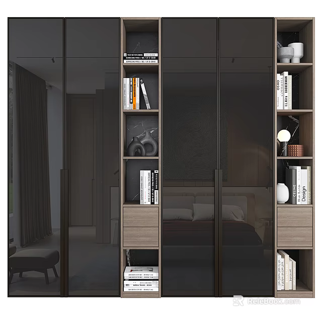Modern Wardrobe Interior Design With Glass Doors Wooden Shelves Storage For Books And Decor 3d model 