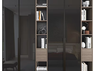 Modern Wardrobe Interior Design With Glass Doors Wooden Shelves Storage For Books And Decor 3d model