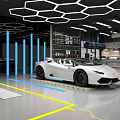 Modern Automotive Showroom Featuring White Convertible Sports Car Hexagonal Ceiling Blue Columns And Floor Lines