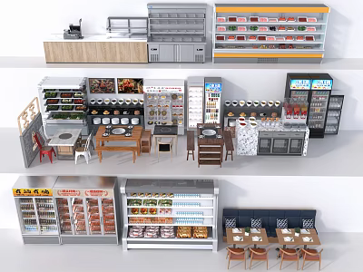 Commercial Retail Space Interior With Display Shelves Counters Tables And Refrigerators 3d model