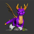 Purple Dragon Figurine With Yellow Horns Wings And Rock Base With White Stones Green Moss