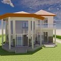 Single Family House With White Exterior Stone Base Large Windows Orange Roof And Green Lawn
