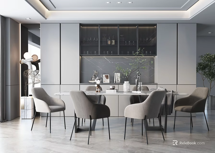 Modern Restaurant Interior Design With White Dining Table Grey Chairs Glass Cabinet And Green Plant 3d model 