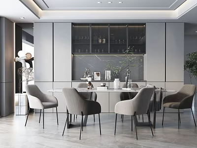 Modern Restaurant Interior Design With White Dining Table Grey Chairs Glass Cabinet And Green Plant 3d model