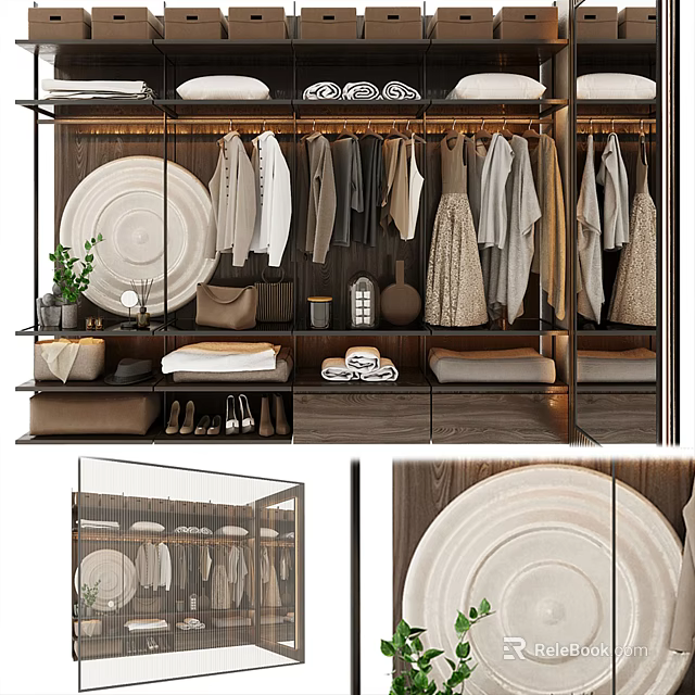 Modern Wardrobe Interior With Hanging Clothes Folded Garments Wooden Shelves And Decorative Plate 3d model 