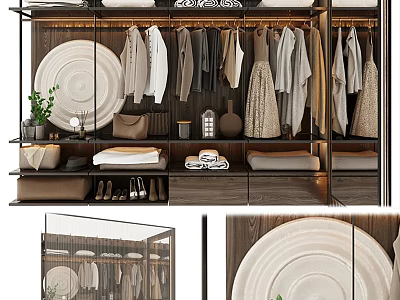Modern Wardrobe Interior With Hanging Clothes Folded Garments Wooden Shelves And Decorative Plate 3d model