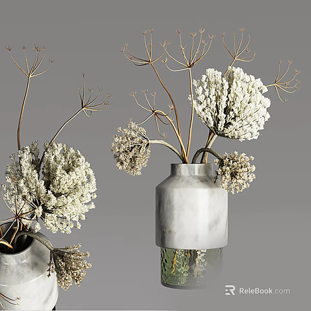 Decorative Grey Ceramic Vase with Dried White Flowers and Brown Stems for Modern Home Decor 3d model 