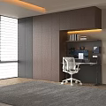 Modern Study Room Interior With Wooden Cabinets Built-in Bookshelf Desk White Office Chair And Lighting