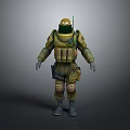 Humanoid Character in Green Protective Armor Helmet with Antenna and Utility Pouches 3d model