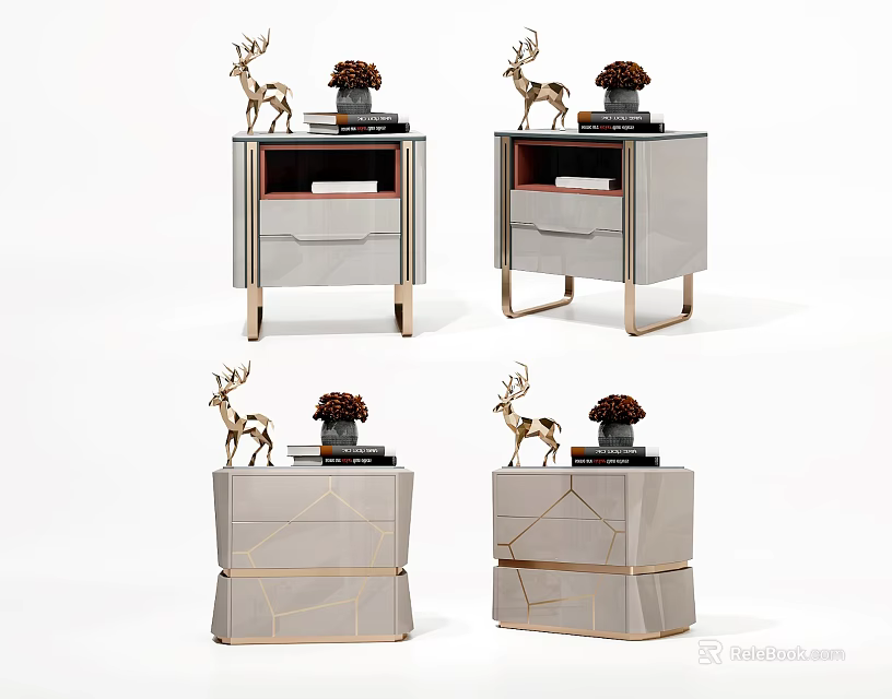 Elegant Modern Bedside Tables With Gold Trim Deer Figurines And Vases 3d model 