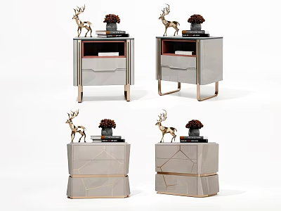 Elegant Modern Bedside Tables With Gold Trim Deer Figurines And Vases 3d model