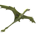 Green Pterosaur Soaring With Extended Wings And Long Tail In Air