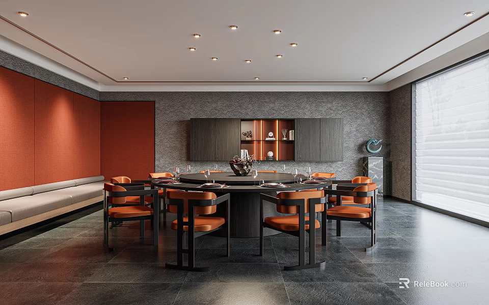 Modern Private Dining Booth With Round Table Orange Chairs And Cabinet 3d model