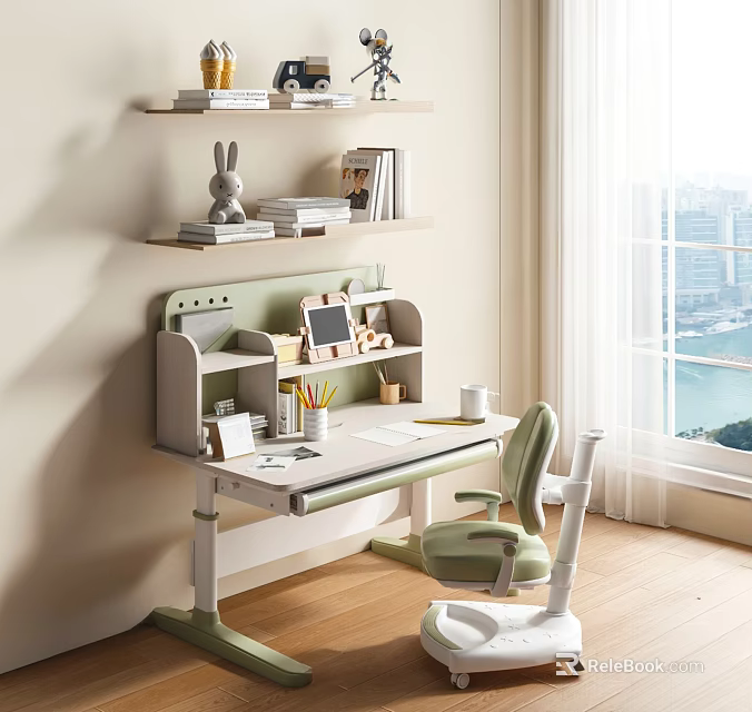 Kids Study Desk with Matching Chair School Supplies Bookshelf and Toys in Bright Room 3d model 