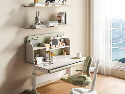 Kids Study Desk with Matching Chair School Supplies Bookshelf and Toys in Bright Room 3d model