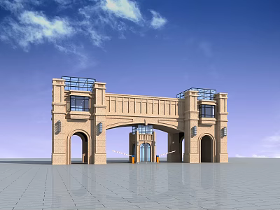 Classic Entrance Gate With Arched Doorways Glass Roof And Symmetrical Design 3d model