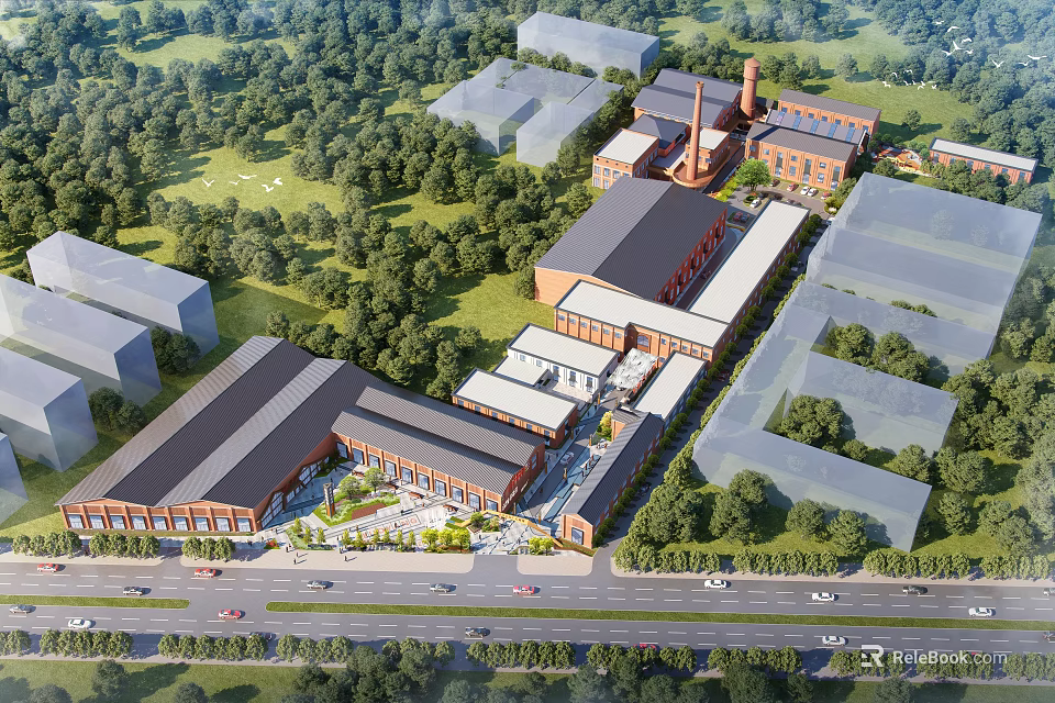 Industrial Factory with Red Brick Structures Green Space Trees Road and Vehicles in Aerial View 3d model 