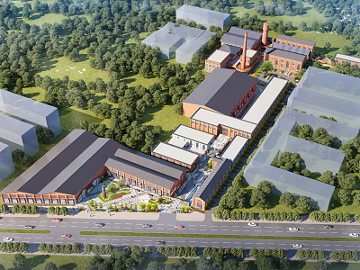 Industrial Factory with Red Brick Structures Green Space Trees Road and Vehicles in Aerial View 3d model
