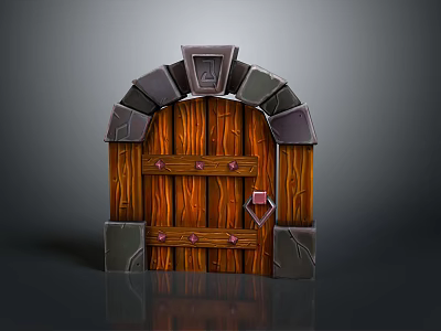 Commercial Equipment Arched Wooden Door With Gray Stone Frame Wood Grain And Red Diamond Decoration 3d model