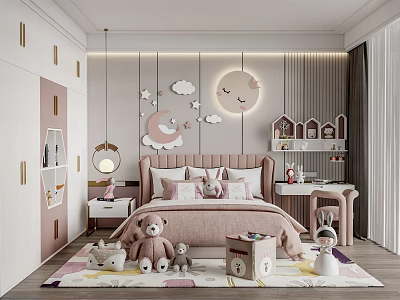 Kids Room Interior With Moon Cloud Star Wall Decor Pink Bed Stuffed Animals House Shelves 3d model