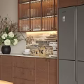 Wooden Sideboard with Glass Door Display Shelves Built-in Lighting and Vase with Flowers