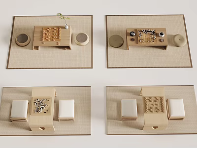 Traditional Board Game Entertainment With Wooden Chessboard Chess Pieces Tea Sets And Mat 3d model