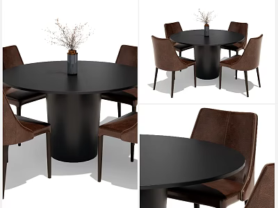 Round Black Dining Table Set With Brown Leather Chairs And Vase With Dried Flowers 3d model