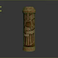 Carved Wooden Sculpture In Tall Columnar Shape With Facial Features And Geometric Facets