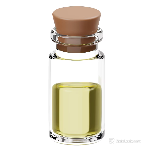 Transparent Glass Perfume Bottle With Yellow Liquid Brown Cork Stopper And Silver Metal Ring 3d model 