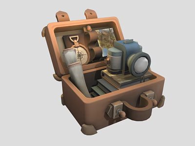 Vintage Brown Suitcase Filled With Compass Map Paintbrush Camera And Books 3d model