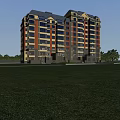 Modern Multi Story Residential Building With Yellow Red Brown Facade And Large Glass Windows