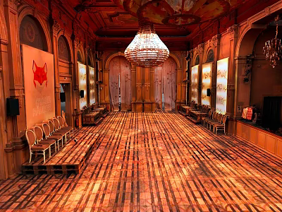 Elegant Indoor Hall Interior With Wooden Decor Chandelier Benches And Murals 3d model
