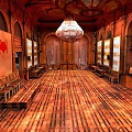 Elegant Indoor Hall Interior With Wooden Decor Chandelier Benches And Murals