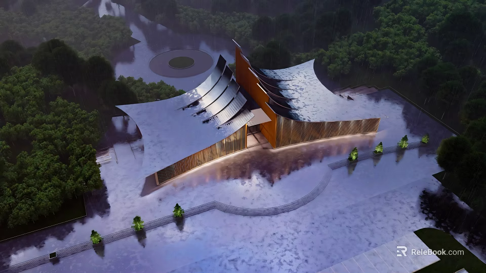 Modern Tourist Center Featuring Unique Roof Design Water Reflections And Green Surroundings 3d model 