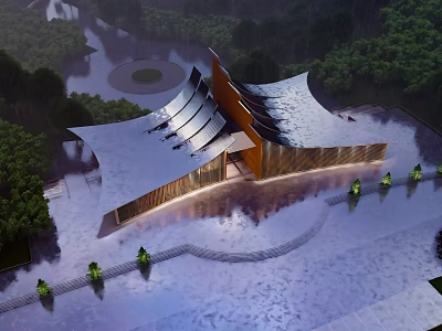Modern Tourist Center Featuring Unique Roof Design Water Reflections And Green Surroundings 3d model