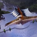Modern Tourist Center Featuring Unique Roof Design Water Reflections And Green Surroundings