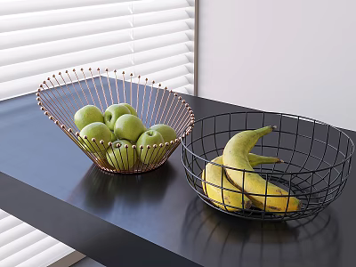 Fresh Green Apples And Bananas In Wire Fruit Baskets On Black Countertop Near White Blinds 3d model