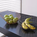 Fresh Green Apples And Bananas In Wire Fruit Baskets On Black Countertop Near White Blinds