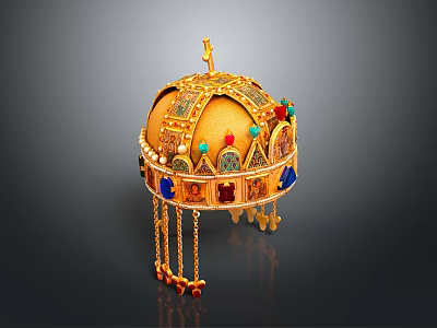 Ornate Golden Household Decorative Item With Cross Gemstones And Hanging Tassels 3d model