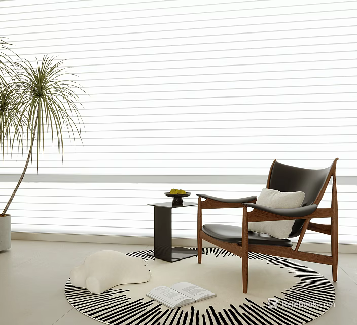 Modern Wooden Frame Leisure Chair With Black Leather Small Side Table And Geometric Rug 3d model 