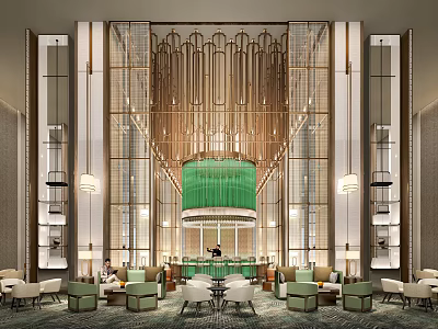 Modern Hotel Lobby Interior With Green Chandelier Seating Area And Decorative Panels 3d model