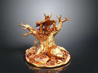 Golden Tree Sculpture Decorative Art Piece With Intricate Branches And Base 3d model
