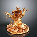 Golden Tree Sculpture Decorative Art Piece With Intricate Branches And Base
